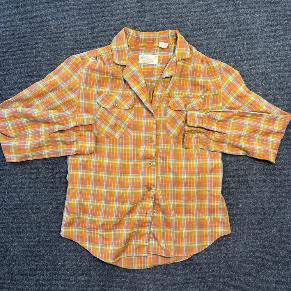 Vintage Amy Barr Button Up Shirt Womens 10 Orange Plaid Long Sleeve Lightweight